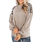 Womens Leopard Print Long Sleeve Shirts Fall Casual Crewneck Color Block Tops Sweatshirts