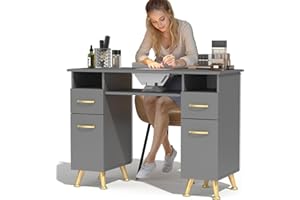 ELEVACHIC Manicure Table Nail Desk w/Electric Dust Collector and Two Dust Bag, Nail Table for Nails Tech, Includes Wrist Cushion,Storage Cabinet & Drawers, for Salon & Home, Gray