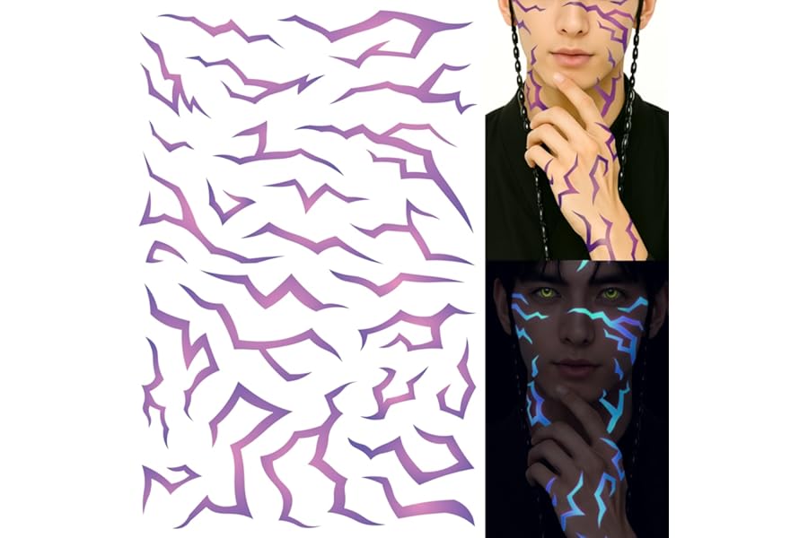 UV Glow Pattern Temporary Tattoos | Purple Demon Energy Pattern | Blacklight Activated Neon Blue | Hunter Cosplay | Fake Tat Stickers | Music Festivals, Kpop RPD, Rave Accessories, Halloween