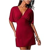 Floerns Women's V Neck Half Sleeve Mini Dress Ruched A Line Party Cocktail Dresses
