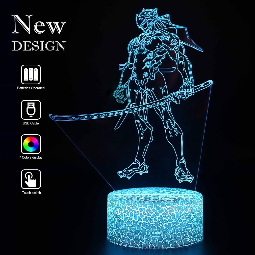 Overwatch Genji Lamp Baby 3D Mood Lamps RGB Changeable Lighting Night Lights Bday Xmax Holiday Festival Gifts for Boys Girls Kids Teen Friends as Game Room Bedroom Bedside Decor (Genji Crack Base)