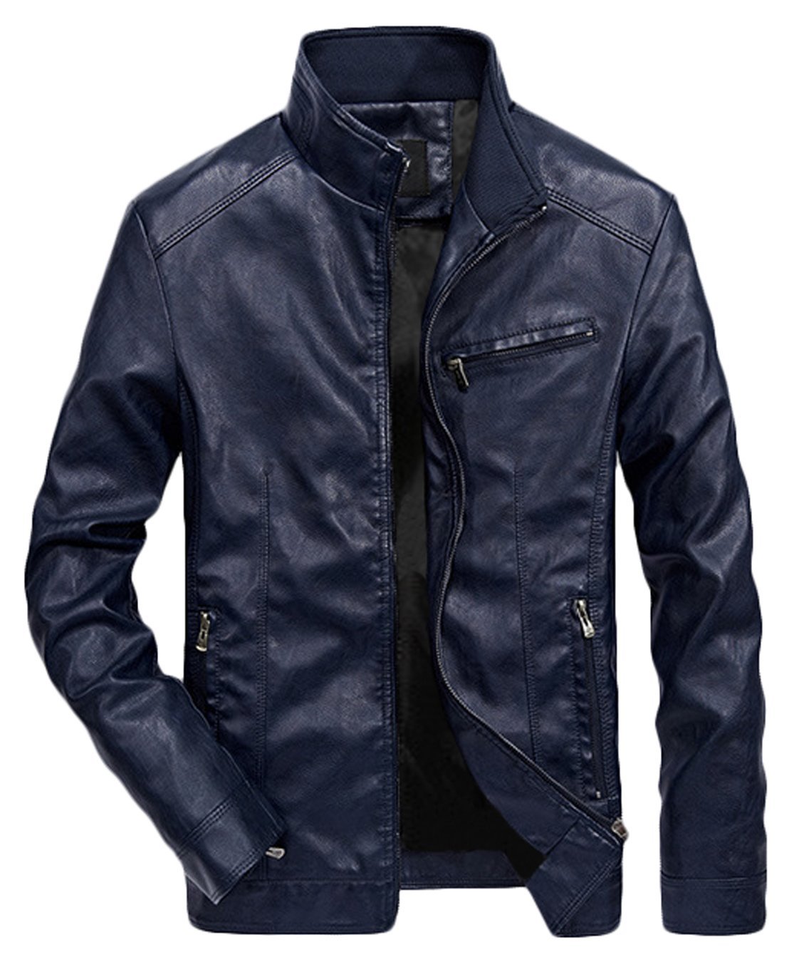 WULFUL Men's Stand Collar Leather Jacket Motorcyle Lightweight Faux