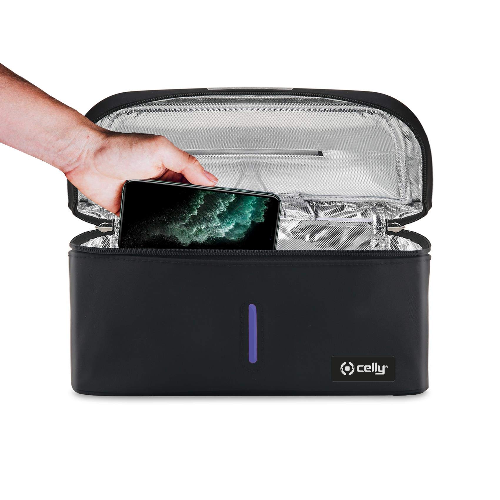 Celly Universal UV Rays Portable Sterilizer Machine (Certifications), UV-C Disinfectant Bag for Smartphones and Accessories, Tablets up to 8", Watches, Masks, Gloves