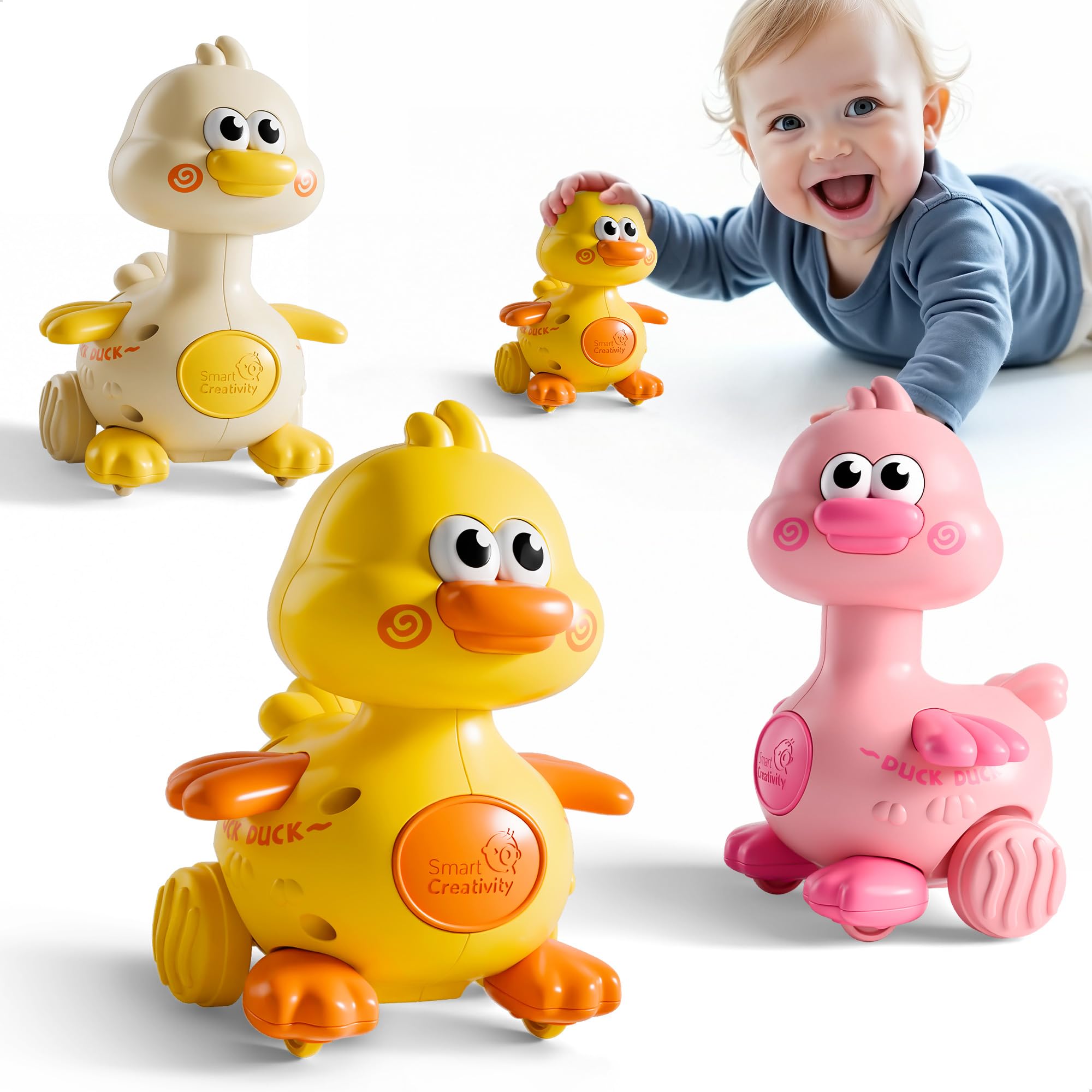 iPlay, iLearn Press to Go Duck Car Toys Set for Toddlers 1-3, Baby Push Go Racing Cars, Infant Play Vehicle Set, 1st Valentine Gift Easter Stuffer for 12-18 Months, 1 2 3 One Yrs Boys Girls Child Kids