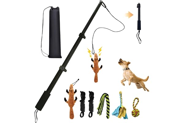 GRETMIX Flirt Pole for Dogs, Interactive Dog Toys Extendable Teaser Wand with Lure Chewing Toy, Chase and Tug of War for Smal