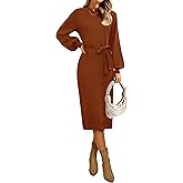 MIROL Women's 2026 Fall Sweater Dress Crew Neck Long Puff Sleeve Tie Waist Knit Midi Dress with Belt