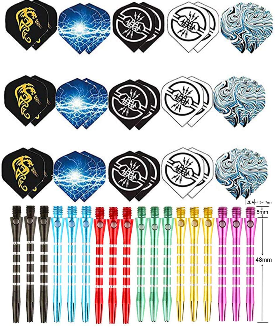 BIPY 48Pcs Dart Shafts and Flights Set in 18Pcs Aluminum 2BA Medium Stems and 30Pcs 2D Flight Metal Dart Accessories Kit