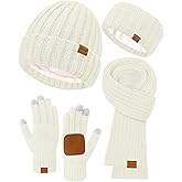 Women Winter Beanie Hat Scarf Gloves Headband Set, Fleece Lined Hat Ear Warmer Knit Long Scarf Touchscreen Gloves 4 Gift Set