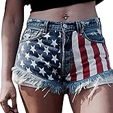 Women's Denim Shorts Low-Rise American Flag Printed Shorts Frayed Raw Hem Casual Jeans Shorts Sexy Mini Hot Pants