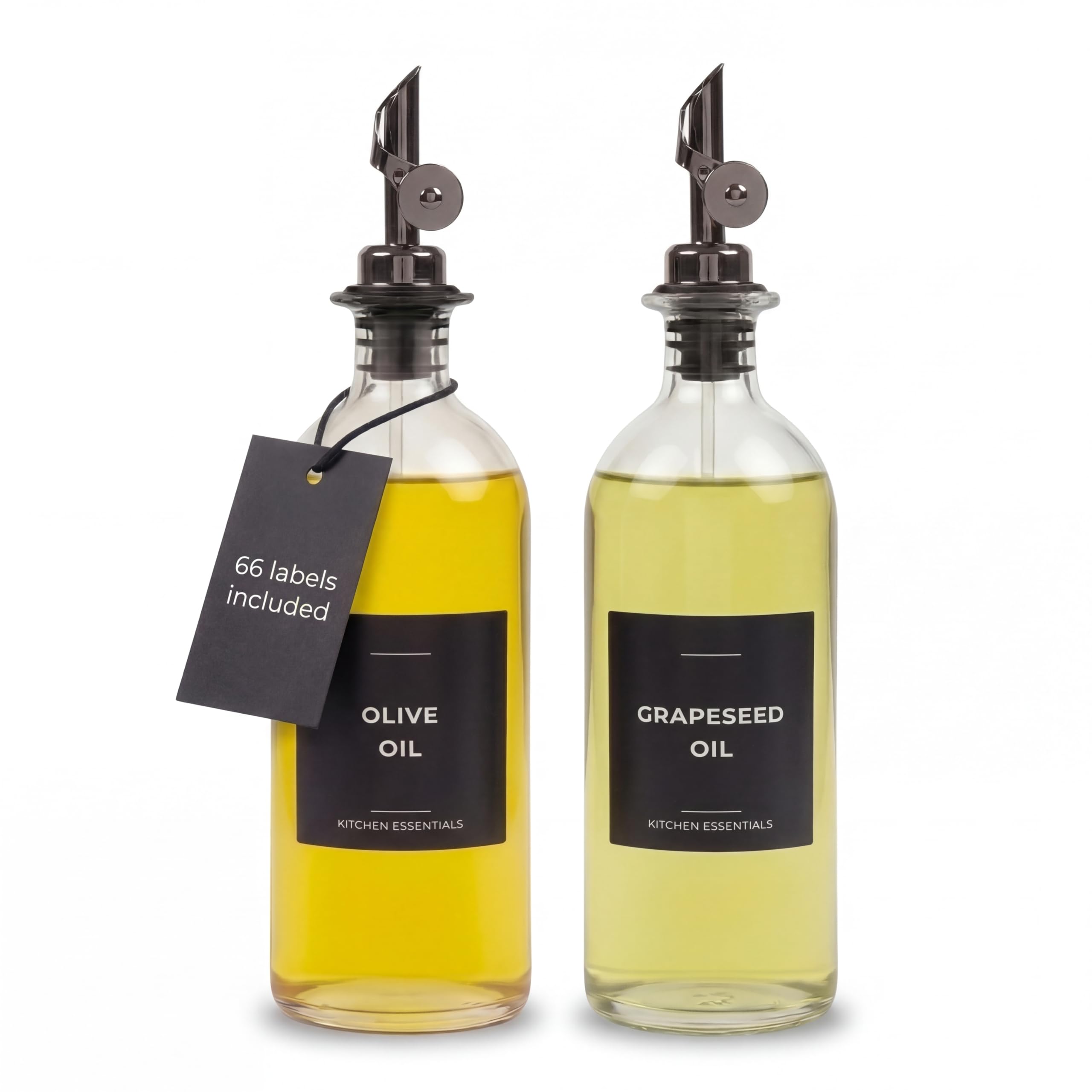 Spaceneat Olive Oil Dispenser Bottle - Includes 55 Kitchen Essential Labels - Cooking Oil Bottles for Kitchen, Coffee Syrup Dispenser - Pourer Spout with 500 ml Glass Container Cruet - 2pcs, Black