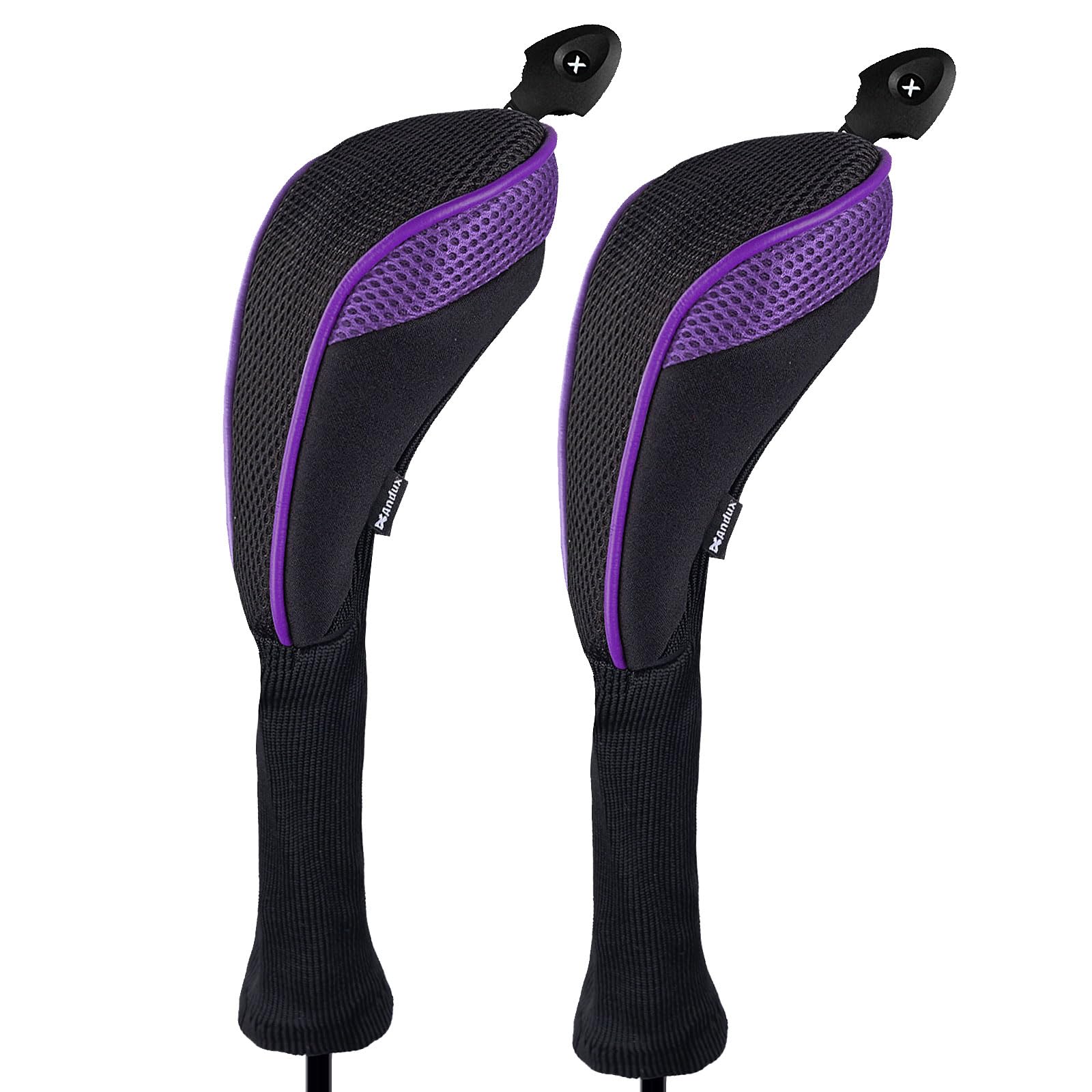Andux Long Neck Golf Hybrid Club Head Covers with Dial No. Tag CTMT-01 (Black/Purple,2pcs)