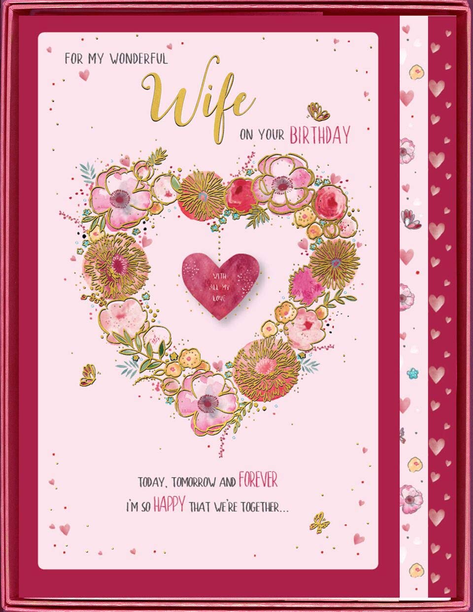 Wife Birthday Large Boxed Card - Wonderful Wife - Special Finishes - Romantic Floral Love Heart Design - Embellishments and Illustrated Insert Leaf - Made in the UK