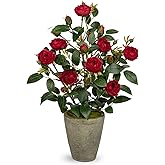Hollyone Artificial Flower Plants Camellia Red Roses Faux Potted Plant with Cement Pot Fake Silk Flower Rose Camellias Flower Arrangement Office Home Decor Bathroom Shelf Desk Decoration 15 Inch