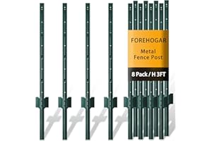 FOREHOGAR Metal Fence Post 3 Feet Green, Pack of 8, T Posts for Wire Fence, No Dig Steel U Posts Fencing for Lawn Garden Wire Mesh Fence Poles Sign Outdoor Light Duty