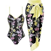 Women's One Piece Swimsuit with Beach Cover Up Retro Floral Print Bathing Suits with Coverup Set Sarong Wrap Swim Suit 1 Piece Swimwear Set with Matching Skirt Black Flower X-Large