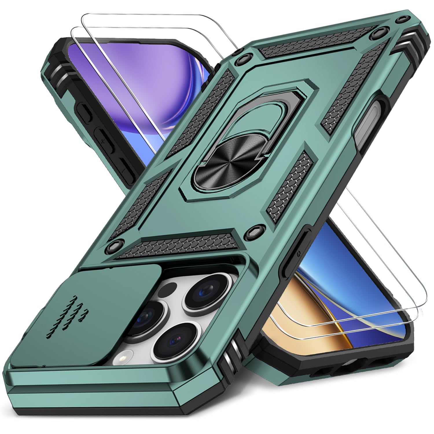 Photo 1 of HakkTaoo Case for iPhone 15 Pro Max with Slide Camera Cover+Screen Protector(2 Packs), Military Grade Shockproof Protective Cover, Rotated Ring Kickstand(B - Dark Green)