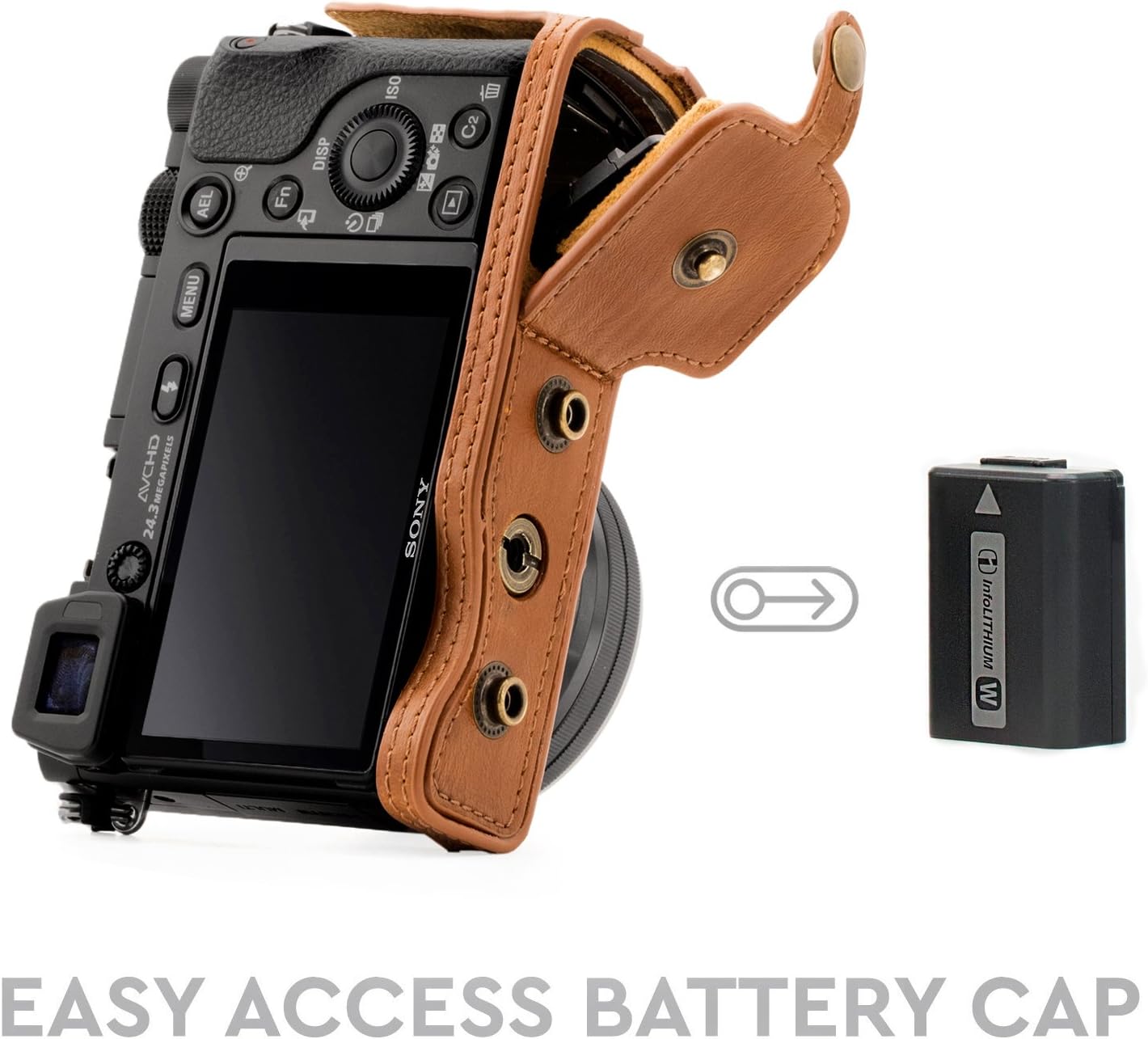 MegaGear MG408 Sony Alpha A6300, A6000 (16-50 mm) Ever Ready Leather Camera Case and Strap - Light Brown, 6.6 cm x 4.57 cm x 11.94 cm - Image 5