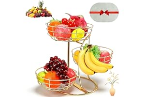 3-Tier Metal Fruit Basket with Banana Hanger, Fruit and Vegetable Basket – 3 Tier Metal Non-Slip Space Saving Organizer, Coun