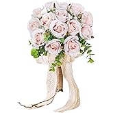 Wedding Bouquets Large for Bride, Bridal Silk Artificial Flowers 14pcs Pink Champagne Roses 10 in Fake Flowers for Wedding Party, Ceremony, Anniversary & Home Decor(Come with 4 kinds of Ribbons)