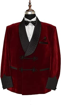 Styleandcraftry Men's Smoking Jacket Burgundy Velvet Blazer Robe Quilted Jacket Smoking Robe 