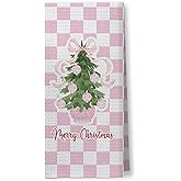 Foritho Pink Chinoiserie Christmas Kitchen Towels, Coquette Pink Bow Preppy Christmas Tree Hand Towels for Bathroom, Grandmillennial Checkered Xmas Dish Tea Towel for Kitchen Decor, 16x24 Inch