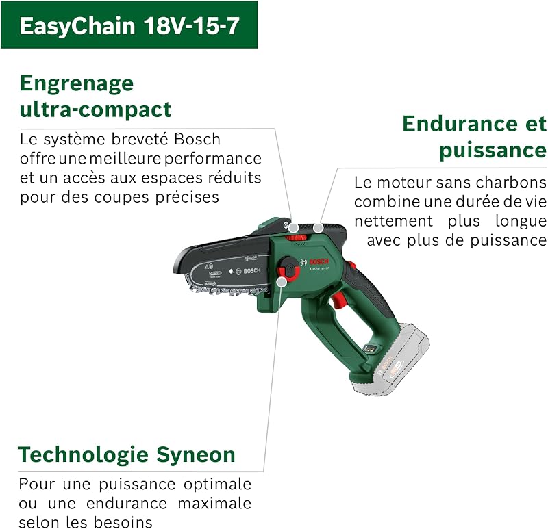 Home and Garden Élagueur sans fil compact EasyChain 18V-15-7 (pour couper le bois ; système 18 V ; vitesse de la chaîne : 6,95 m/s ; avec batterie 2,5 Ah et chargeur)