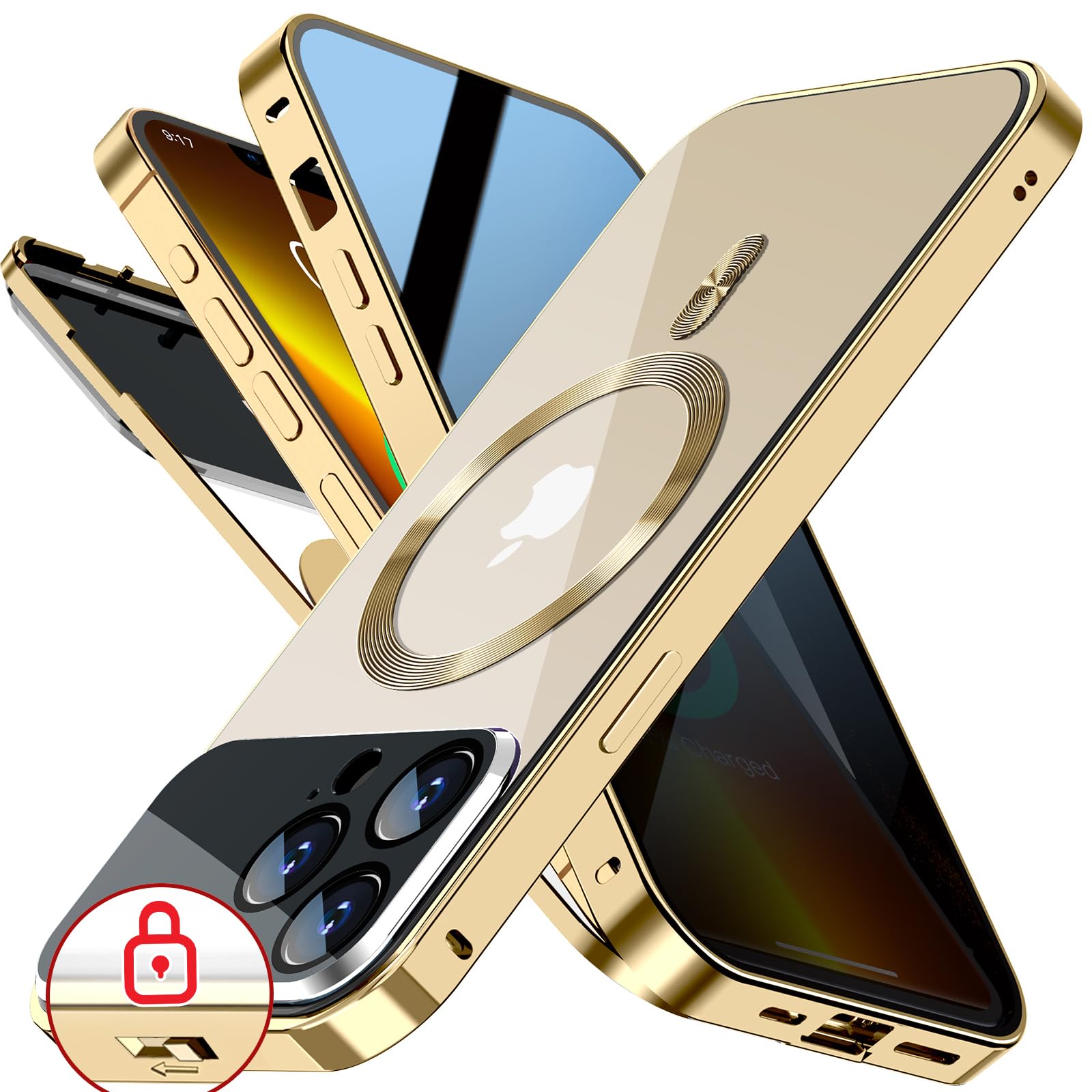 Photo 1 of [Full Camera Protection& Mechanical Lock]Magnetic Privacy Case for iPhone 13 Pro Max [Compatible with MagSafe][CD Metal Ring]Full Body Shockproof Metal Bumper, 9H Anti Peeping Glass Cover-Gold