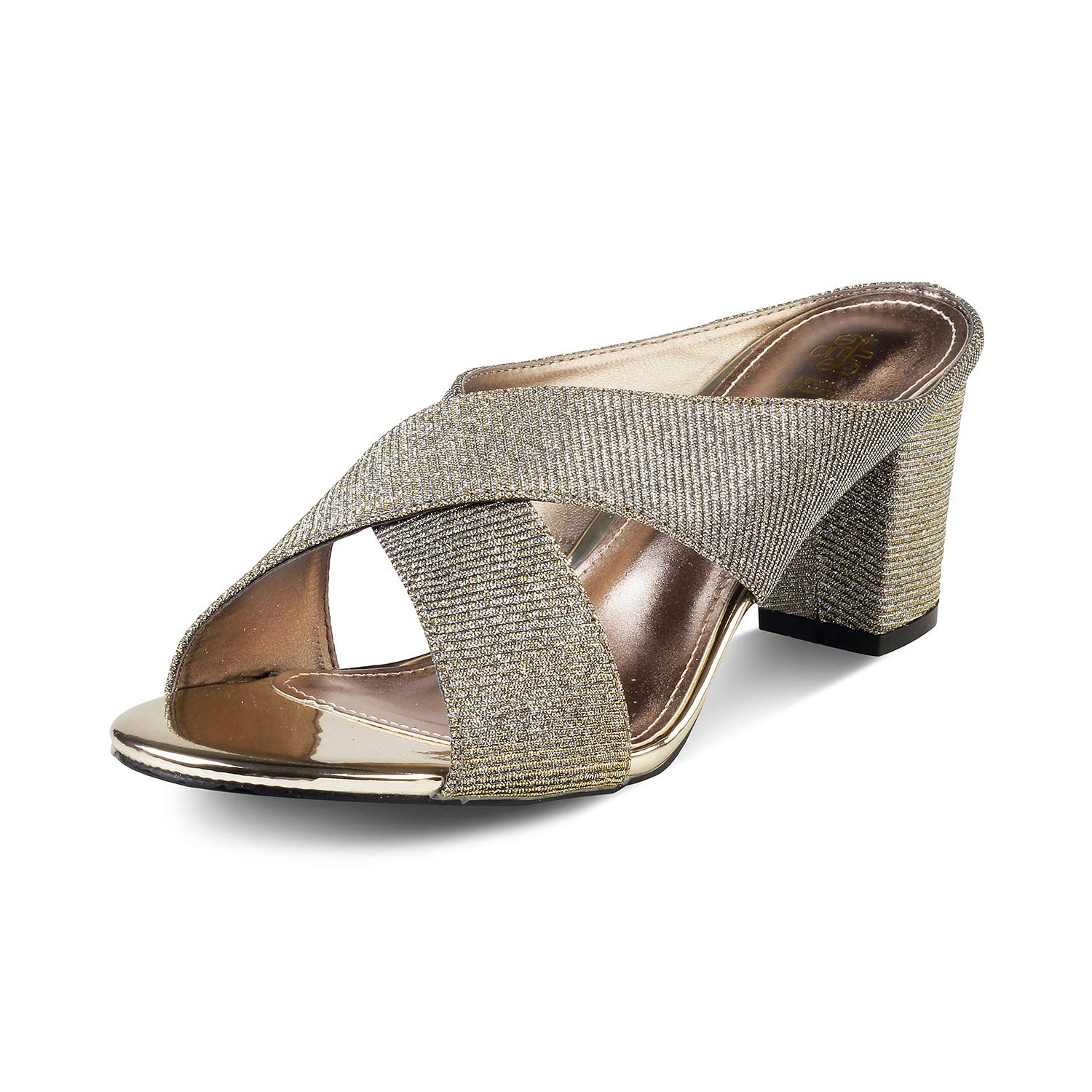 gold mules block heel