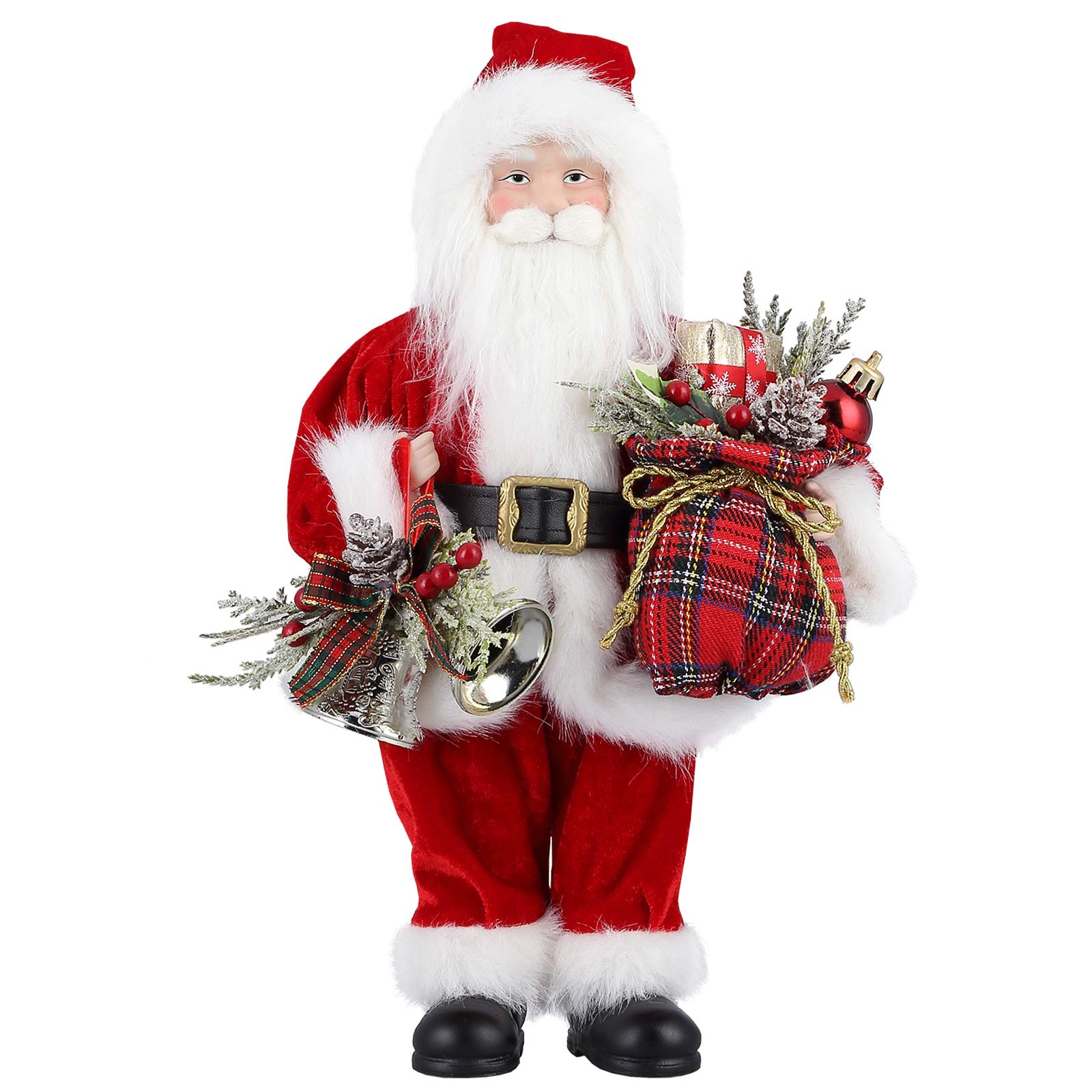 AGM Santa Claus Figurine Standing Santa with Gift and Christmas Bells Classic Christmas Tree Home Decoration