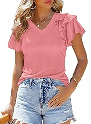 SHEWIN Womens Shirts Summer Ruffle Sleeve V Neck