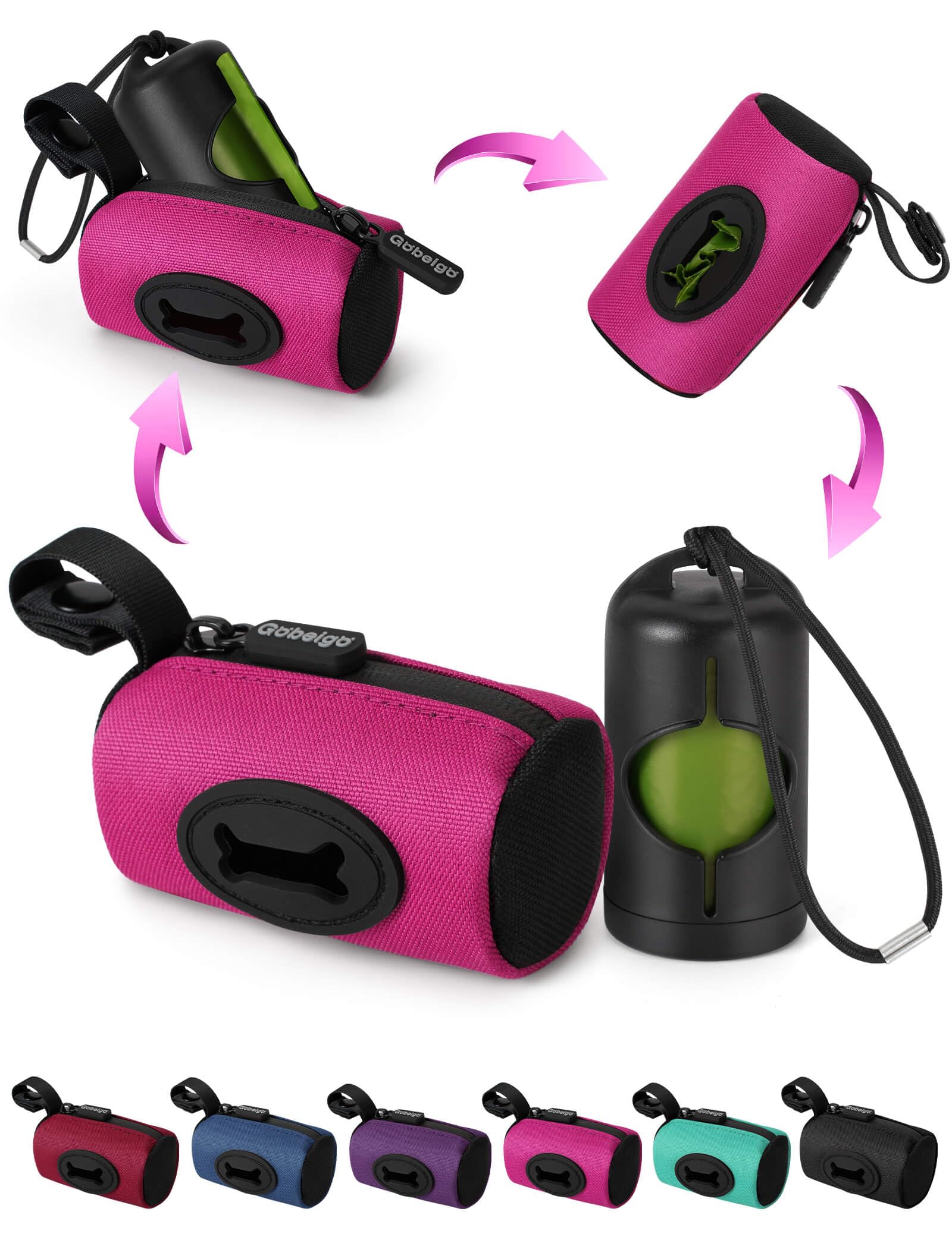 Photo 1 of Gobeigo 2-in-1 Dog Poop Bag Holder - Hard Plastic Insert & Fabric Outer Bag | One-Pull Smooth Dispensing (No More Stuck Waste Bags) | Snap-On Strap Fits Retractable/Standard Leashes (Hot Pink)