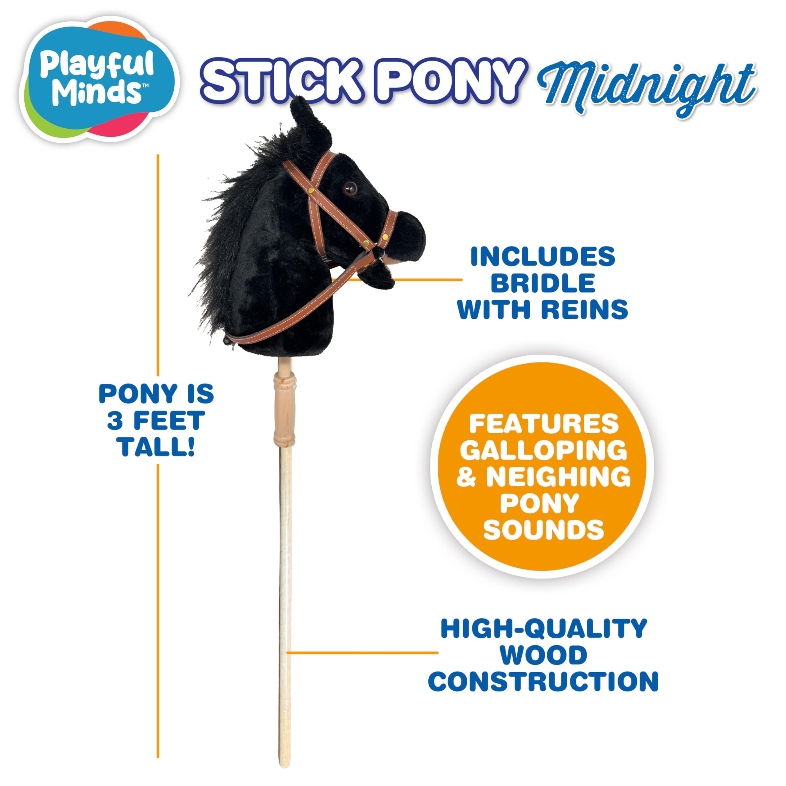 Nature Bound Stick Horse | Horse on a Stick with Sound Effects – Handcrafted Plush Stick Pony for Toddlers & Kids | Handsewn, Sturdy Wooden Handle | Pretend Play Horse Toy (Black)