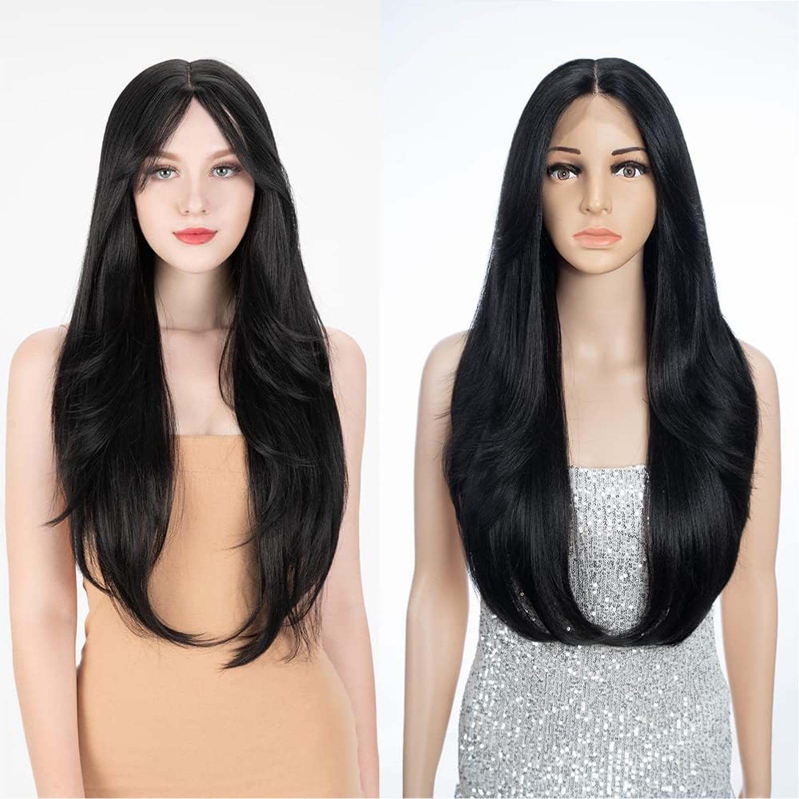 FASHION IDOL Lace Front Wig for Women Synthetic Natural Black Door Curtain Multi-layered Flared Bangs in the Split Lace Hair Stitching Color Wig 28 Inches 150%
