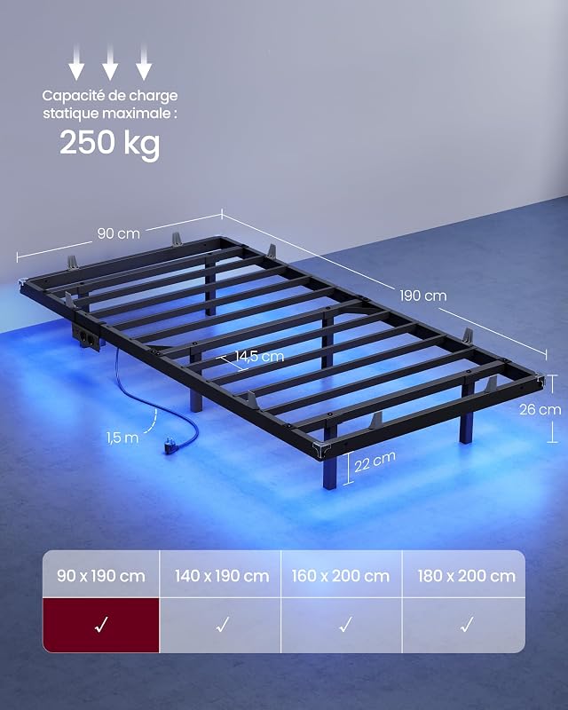 Lit Flottant 90 x 190 cm, avec Lumières LED, Station de Charge