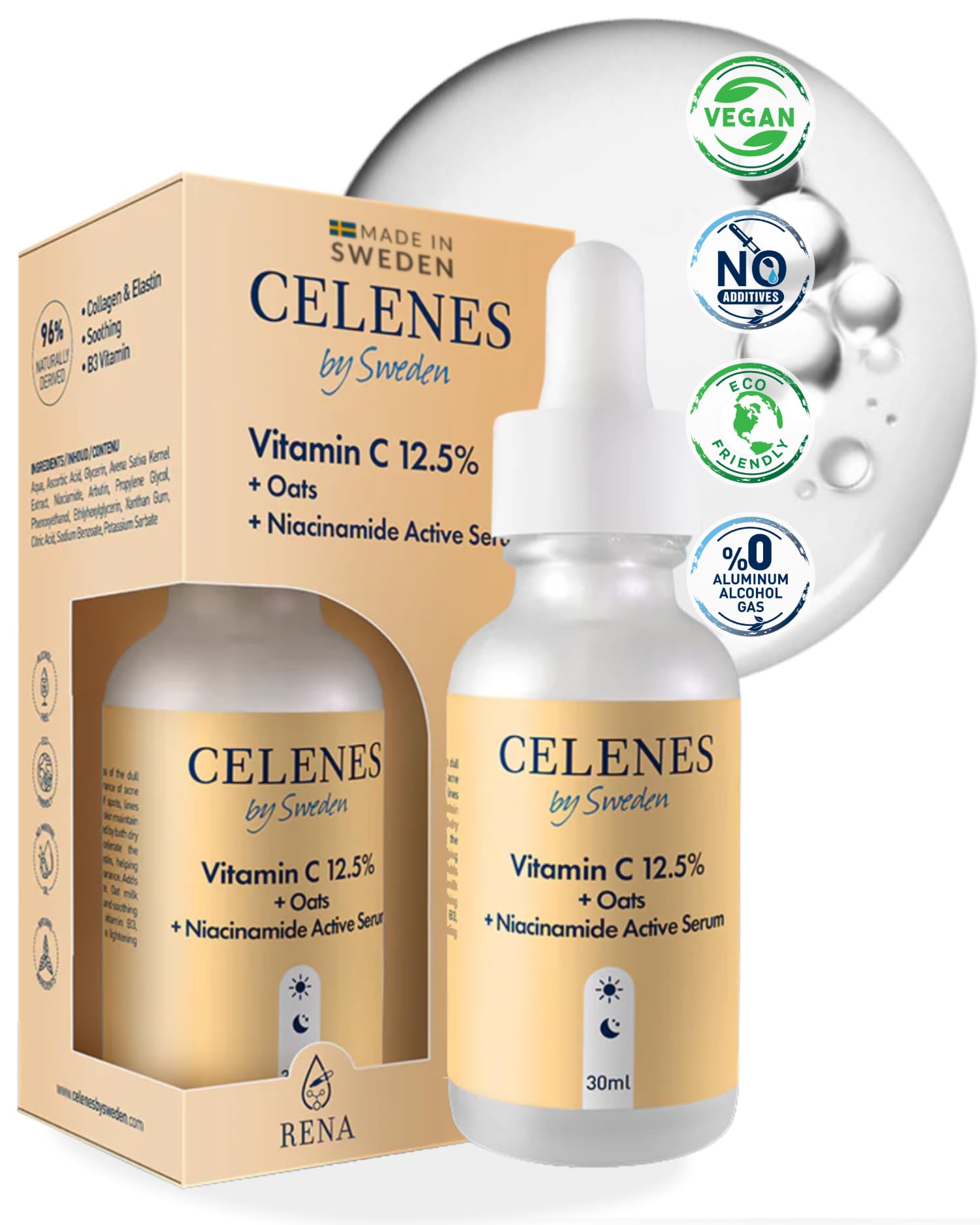 Celenes by Sweden 12.5% Vitamin C Serum for Face with Oat Extract 30ml, Niacinamide Serum, Alcohol-Fragrance-Paraben Free Dark Spot Correcting Glow Serum - Salicylic Acid Serum Collagen&Soothing — image 1
