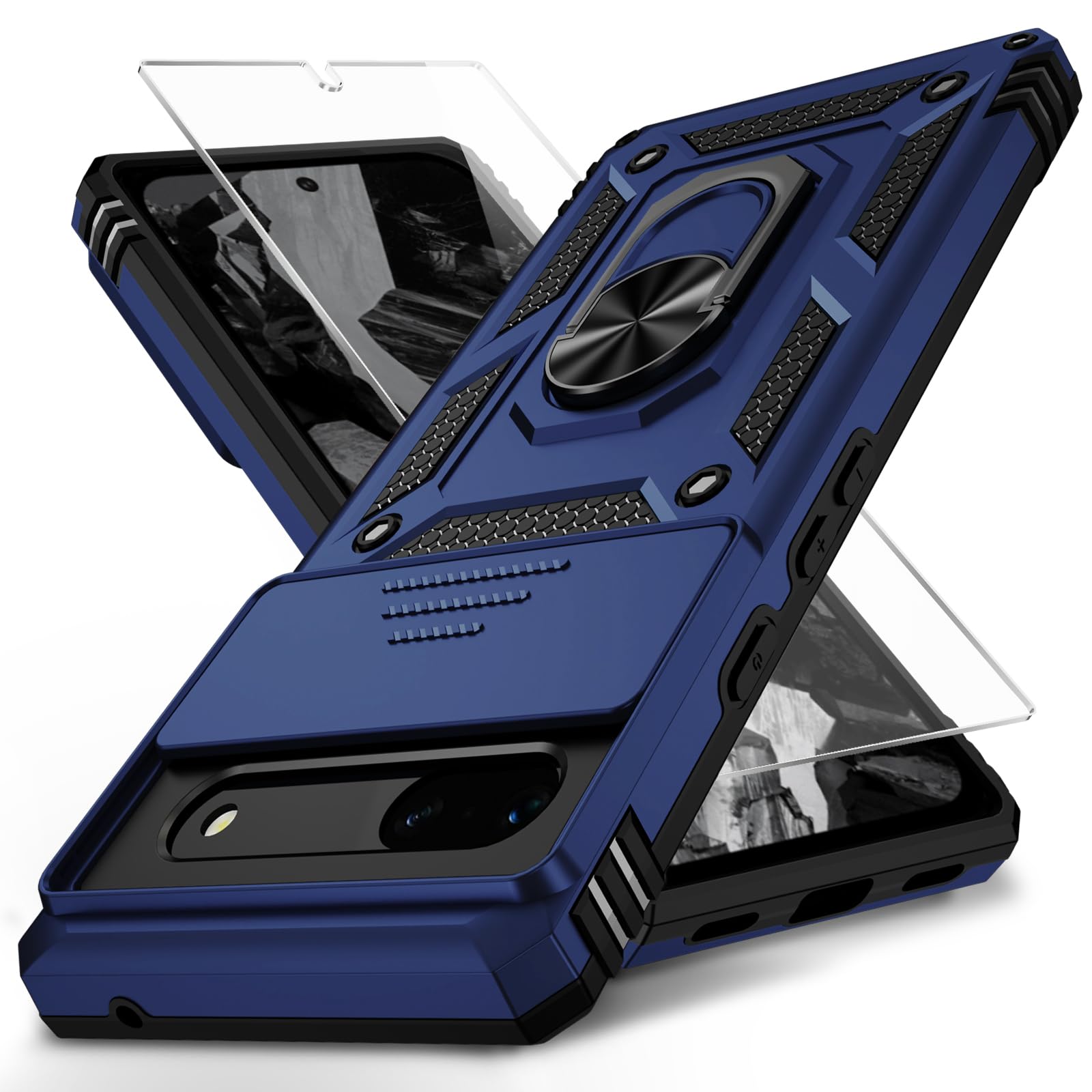 Weycolor for Google Pixel 8A Case with Camera Lens Cover HD Screen Protector, 10 FT Military Grade Drop Protection, Magnetic Ring Holder Kickstand Protective Phone Case, Navy Blue