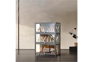 SAADHGG Curio Display Cabinet Display Case Storage Shelves with Acrylic Glass Door, Collectibles Toy Organizers Rack & Display Shelf, for Playroom, Bedroom, Negocio,Gray,Three_Layer