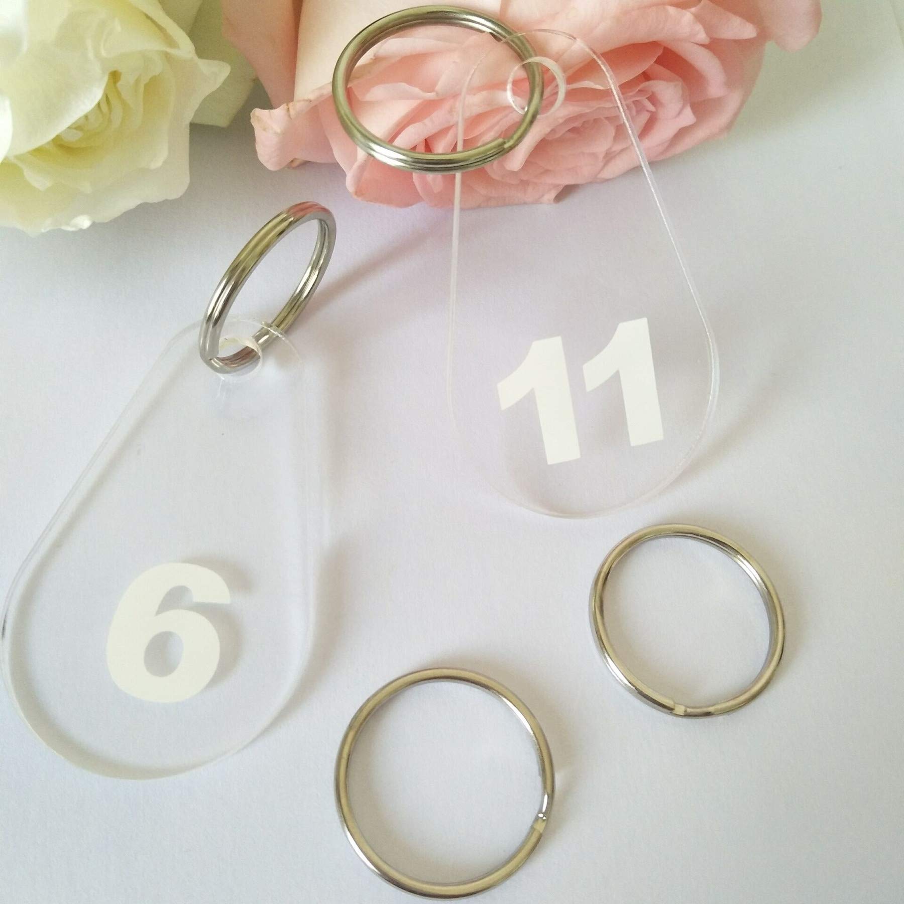 YongPan Clear Water-Drop Shape Acrylic Numbered Key Fobs, Plexigalss Key Tags with Number Printing for Hotel, Home, Locker Room, Club, School (Clear&white, 1-10)