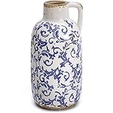 VICTOR & TERESA Blue and White Ceramic Vase for Flowers, Rustic Vase Home Decor for Pampas Grass, Farmhouse Decorative Vases for Mantel, Living Room, Shelf, Centerpieces, 10'', Gifts for Her