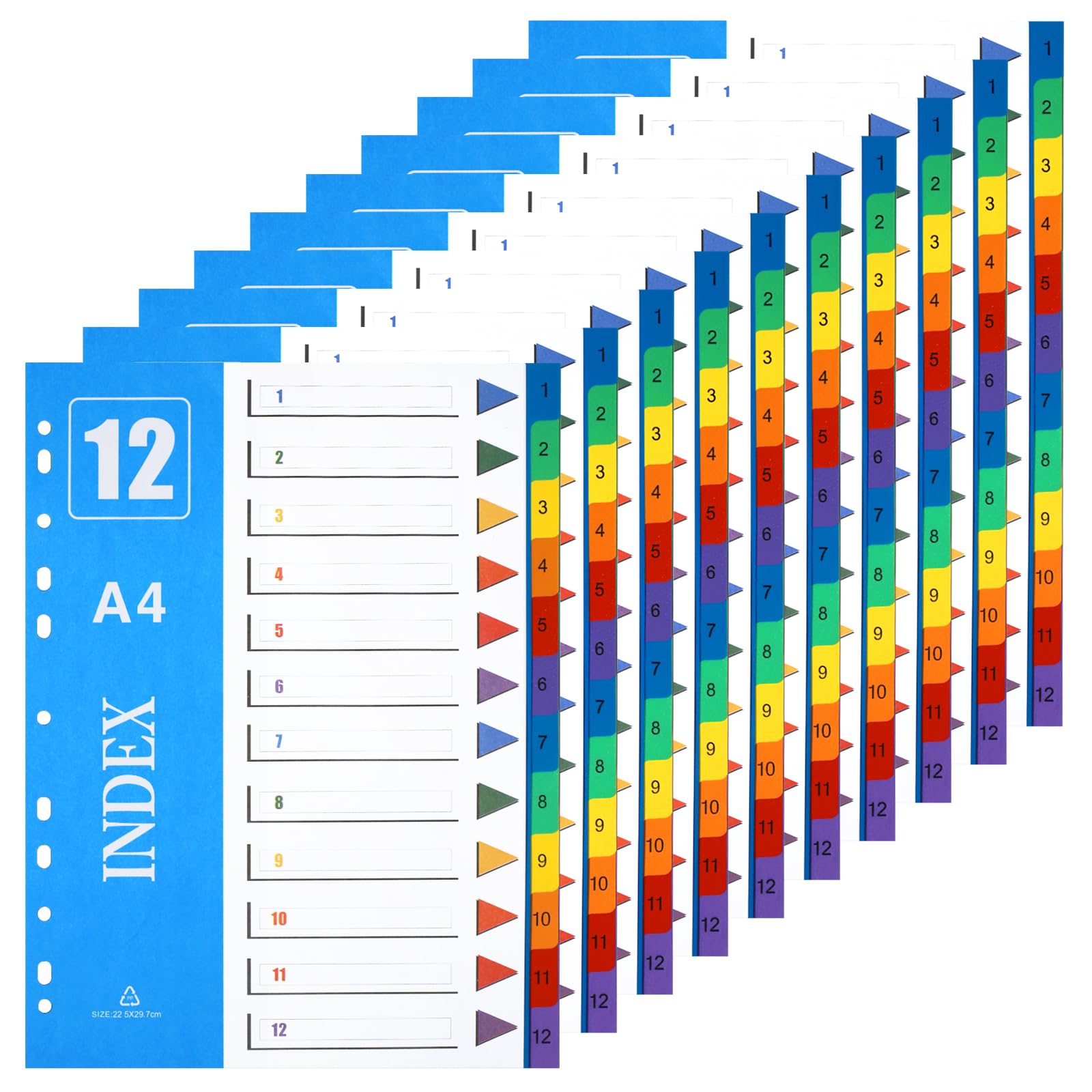 XHDA 1-12 Part Dividers A4, 10 Pack Multi-Colour Plastic A4 Index Folder Subject Dividers, 11-Holes Lever Arch Files Dividers Ring Binders for Office School