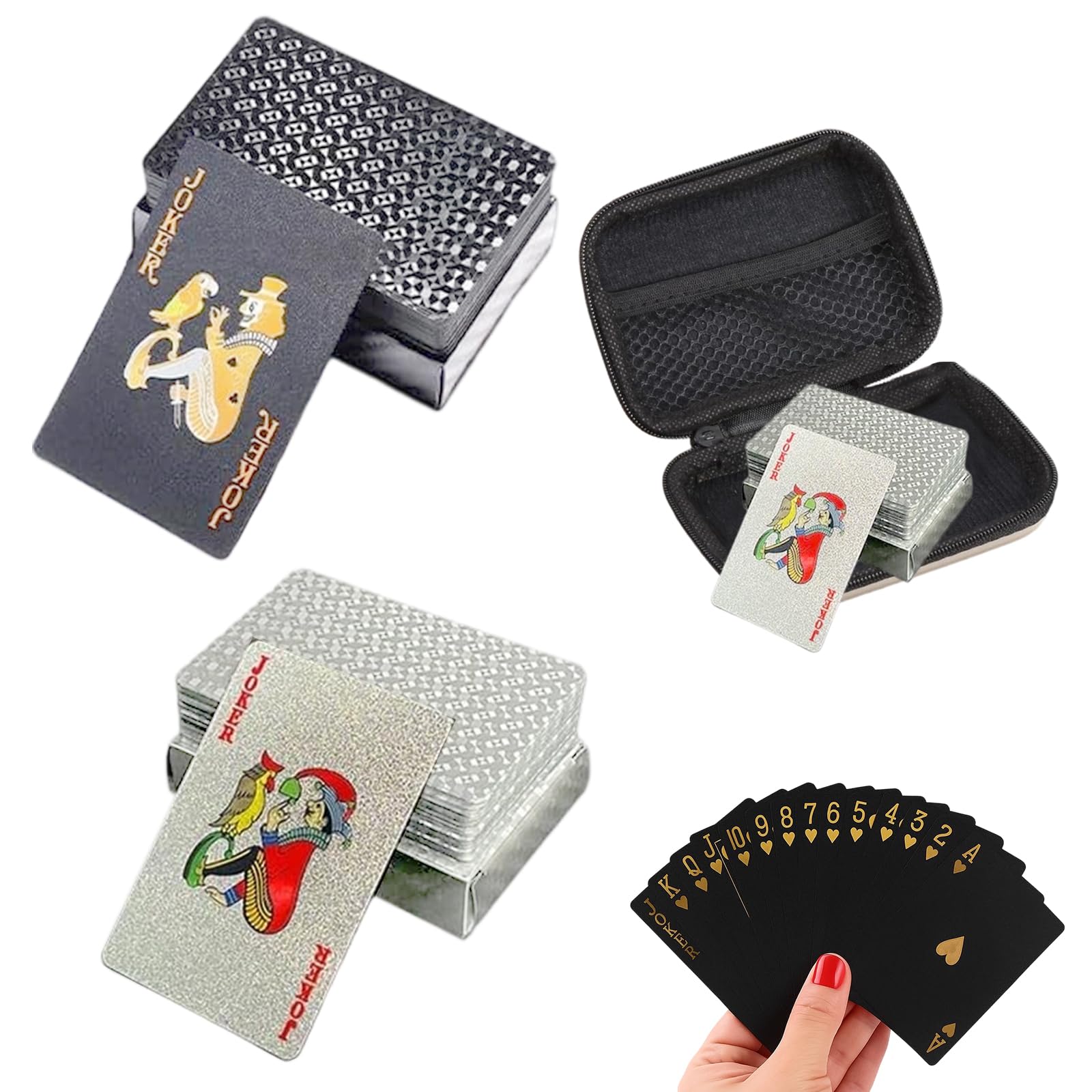 Playing Cards UK, 2 Pack Waterproof Playing Cards with Gold Foil Design, Elegant Silver and Black Diamond Grid Patterns, Includes Red Storage Pouch for Pool Parties, Beach Trips, and Outdoor Game Nigh