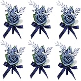 Meldel Blue Boutonniere for Men Wedding, Set of 6, Groom Groomsman Guest Boutonnieres Wedding Decor Artificial Flowers Corsage for Wedding Ceremony Formal Dinner Prom Party Decoration