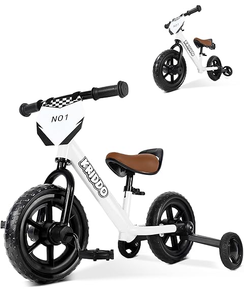 KRIDDO 2-IN-1 KIDS TRICYCLE AND TODDLER BALANCE BIKE 2 YEAR OLD, DETACHABLE PEDALS AND STOWABLE TRAINING WHEELS, DIY PLATE, RIDING TRIKES TOY FOR AGES 18 MONTHS TO 3 YEARS, WHITE