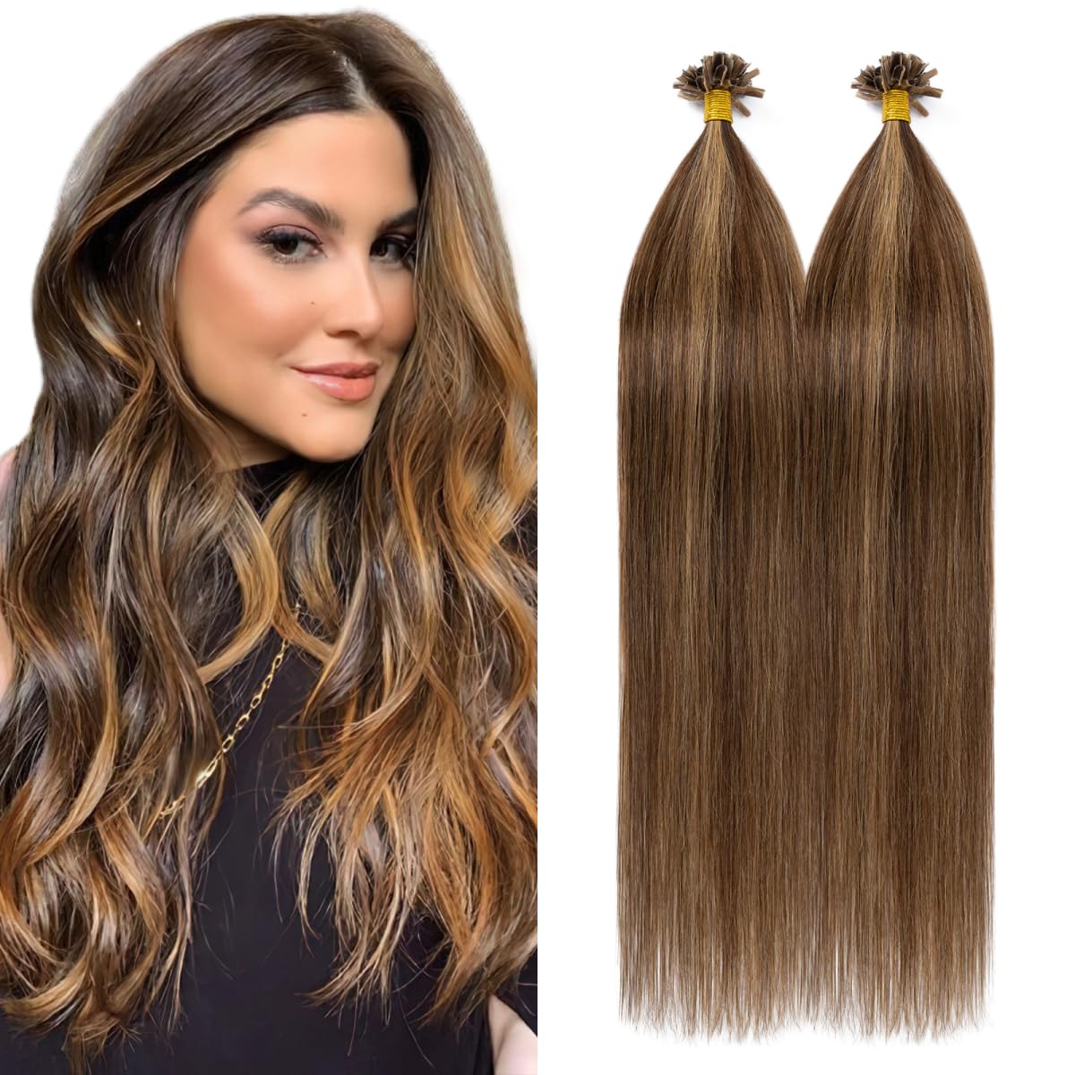 Silk-co U Tip Pre Bonded Hair Extensions Strands Keratin Nail Tip Straight Human Hair Extensions U tip Real Remy Hair 100 Strands Keratin Nail Til 22"-100g #4P27 Medium Brown&Dark Blonde — image 1