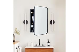 EGHOME Matt Black Rectangle Recessed Bathroom Medicine Cabinet with Mirror Stainless Steel Metal Framed Rounded Rectangular Bathroom Cabinet with Mirror 16x24''