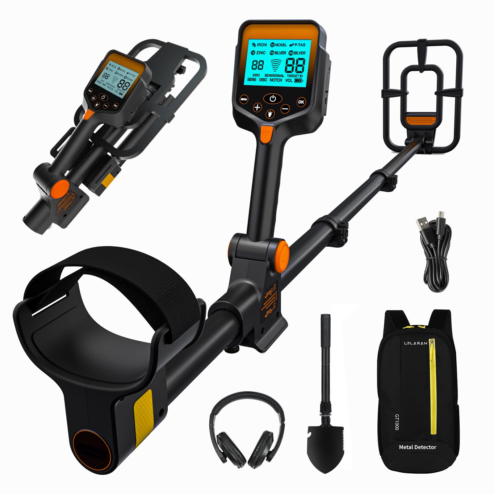Photo 1 of LOLARAN Foldable Rechargeable Metal Detector for Adults - Waterproof, Adjustable, Includes Shovel, Backpack & Headphones, Blue Backlight LCD for Gold & Silver Detection, Orange