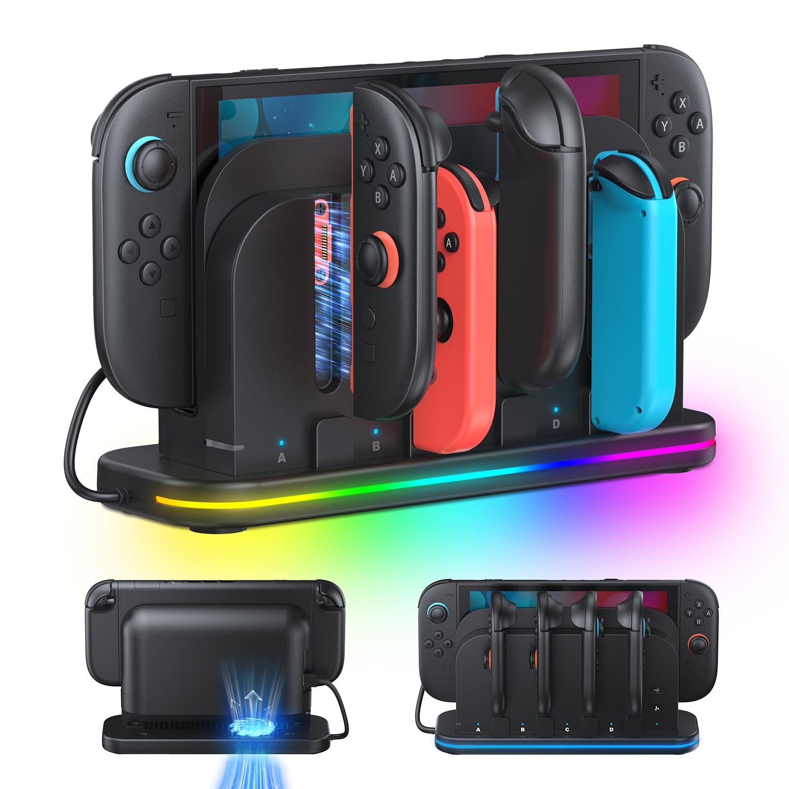 RGB Charger Dock for Nintendo Switch 2 2025- with Cooling Fan,8 in 1 Switch 2 Chagrer Dock for Joycon 2/1 , Dual-Direction Charging, LED Indicators, Magnetic Charge Switch2 Accessories