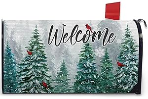 Fbcoo Winter Welcome Pine Tree Fabric Welcome Mailbox Cover Magnetic Standard 21" x 19", Cardinal Snow Green Forest Christmas Red Bird Decorative Post Letter Box Decoration Wrap Decor for Garden Yard