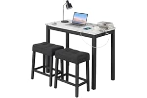 COSTWAY 3-Piece Bar Table Set with Charging Station, Modern Counter Height Breakfast Table w/Faux Marble Top & 2 Padded Stool