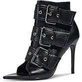 WRFCZGF Women's Peep Toe Booties Sandals Stiletto Heel Ankle Boot Heeled Sandals Metal Buckle Side Zipper Sexy Dance Shoes Black，8.5